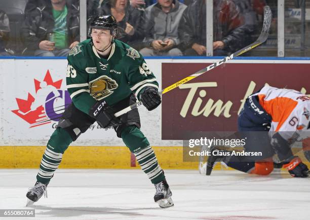 Max Jones of the London Knights calls for a pass against the Flint Firebirds during an OHL game at Budweiser Gardens on March 17, 2017 in London,...