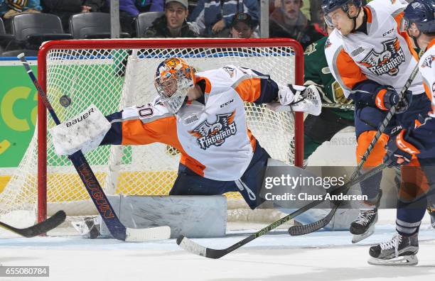 Connor Hicks of the Flint Firebirds makes a big stop against the London Knights during an OHL game at Budweiser Gardens on March 17, 2017 in London,...