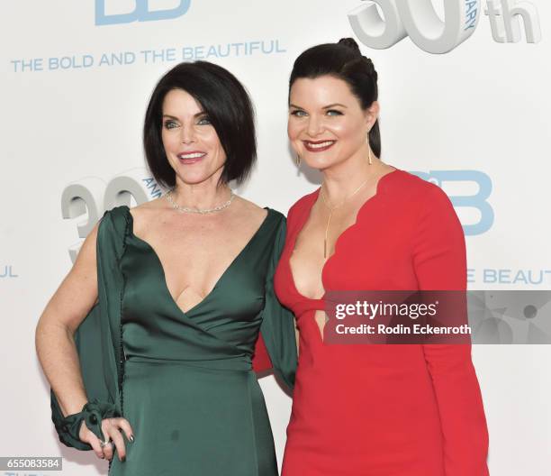 Actors Lesli Kay and Heather Tom attends CBS's "The Bold and The Beautiful" 30th Anniversary Party at Clifton's Cafeteria on March 18, 2017 in Los...