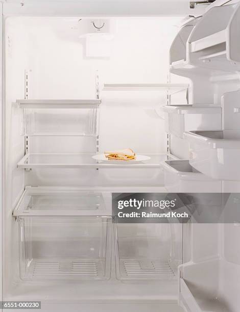 sandwich in empty refrigerator - frigorifero foto e immagini stock