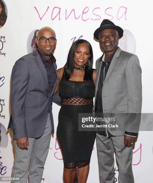 Tim Story, Vanessa Bell Calloway and Glynn Turman attend Vanessa Bell Calloway's 60th Birthday Bash at Cicada on March 18, 2017 in Los Angeles,...