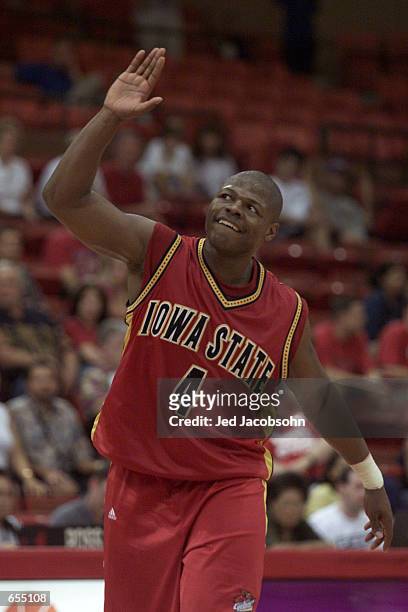 Kantrail Horton of Iowa State celebrates after defeating Mississippi during the Yahoo! Sports Invitational at the BYU-Hawaii Cannon Activities Center...