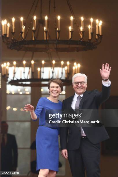 Newly elected state German President Frank-Walter Steinmeier and partner Elke Buedenbender are welcomed by outgoing President Joachim Gauck and his...