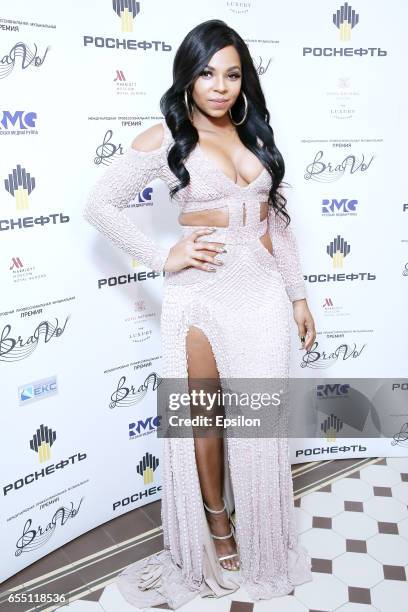 American singer Ashanti attends presentation BraVo international music awards at the Bolshoi Theatre on March 18, 2017 in Moscow, Russia.