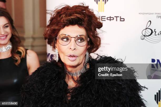 Italian actress Sophia Loren attends presentation BraVo international music awards at the Bolshoi Theatre on March 18, 2017 in Moscow, Russia.