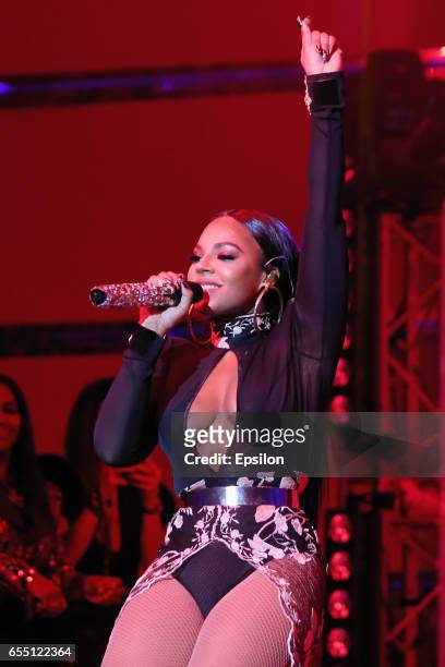 American singer Ashanti performs at afterparty of presentation BraVo international music awards at the 'Mir' Banquet room on March 18, 2017 in...