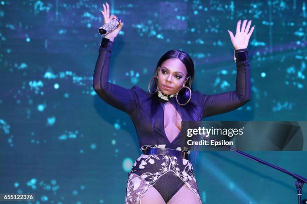 American singer Ashanti performs at afterparty of presentation BraVo international music awards at the 'Mir' Banquet room on March 18, 2017 in...