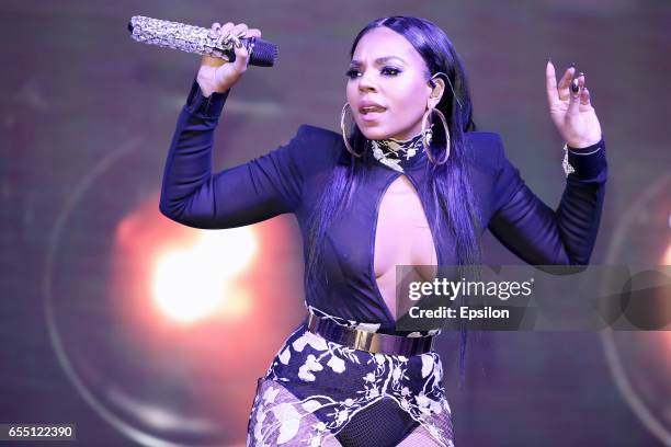 American singer Ashanti performs at afterparty of presentation BraVo international music awards at the 'Mir' Banquet room on March 18, 2017 in...