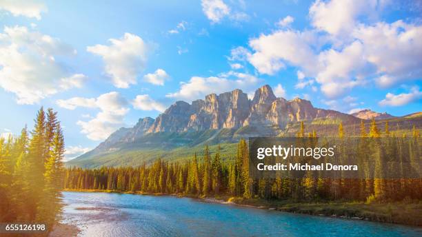 scenic views of bow river, castle mountain, banff national park - rio bow - fotografias e filmes do acervo