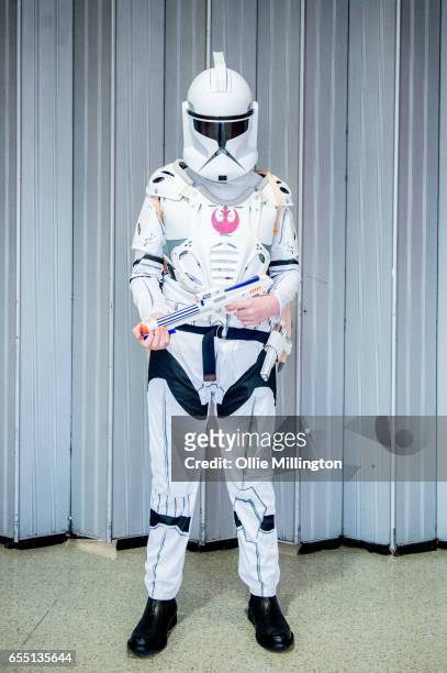 Cosplayer dressed as a Storm trooper during the MCM Birmingham Comic Con at NEC Arena on March 19, 2017 in Birmingham, England.