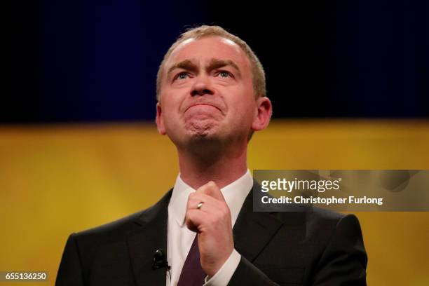 Liberal Democrat party leader Tim Farron, looks emotional as he speaks about the love of his country, during his keynote speech to party members on...