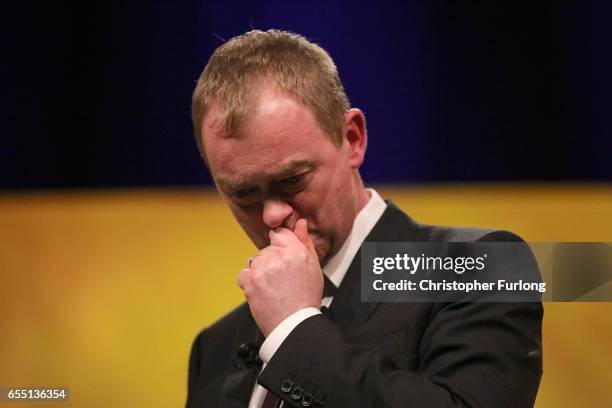 Liberal Democrat party leader Tim Farron, looks emotional as he speaks about the love of his country, during his keynote speech to party members on...