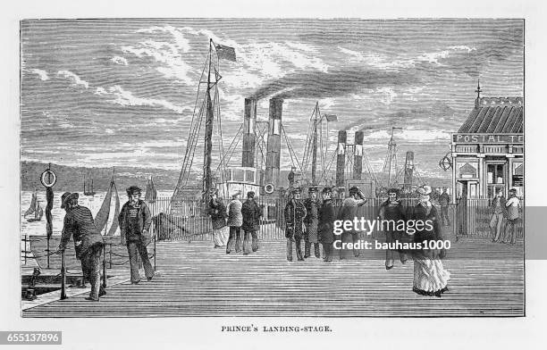 prince’s landing-stage in liverpool, england victorian engraving, 1840 - dock worker stock illustrations