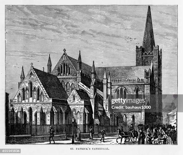st. patrick’s cathedral in dublin, ireland victorian engraving, 1840 - spire dublin stock illustrations