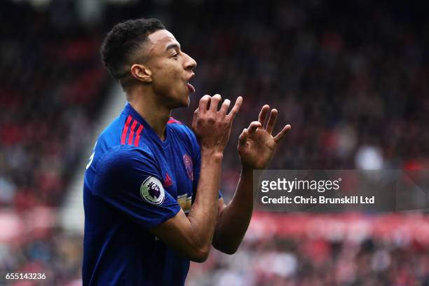Jesse Lingard of Manchester United celebrates scoring his side's second goal during the Premier League match between Middlesbrough and Manchester...