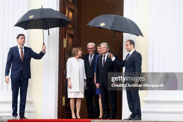 Newly elected state German President Frank-Walter Steinmeier and partner Elke Buedenbender bid farewell to the outgoing President Joachim Gauck and...