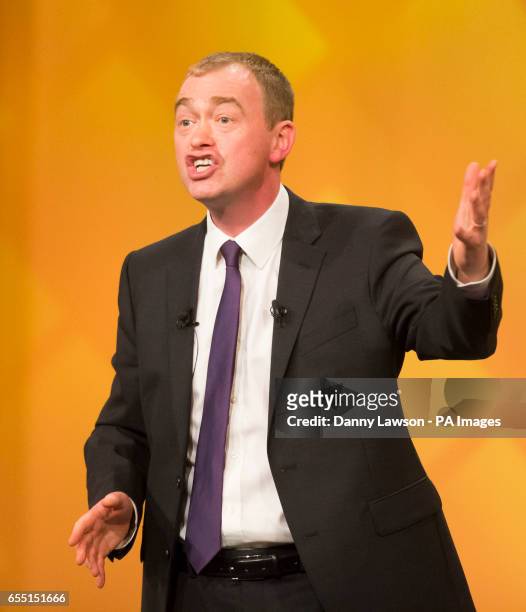 Leader of the Liberal Democrats Tim Farron during his keynote speech where he accused Theresa May of pursuing the same &quot;aggressive...