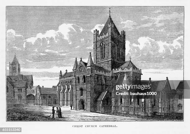 christ church cathedral in dublin, ireland victorian engraving, 1840 - spire dublin stock illustrations