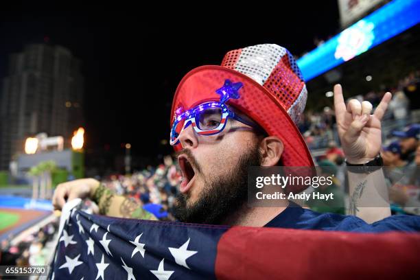 Fan of Team USA celebrates a home run by Adam Jones of Team USA in the sixth inning of Game 4 of Pool F of the 2017 World Baseball Classic against...