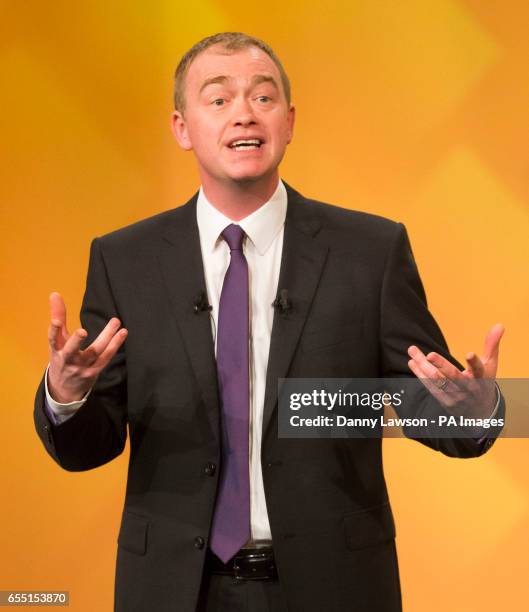 Leader of the Liberal Democrats Tim Farron during his keynote speech where he accused Theresa May of pursuing the same &quot;aggressive...