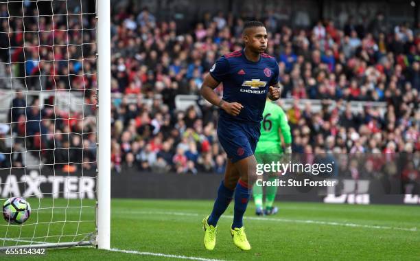 Antonio Valencia of Manchester United celebrates scoring his sides third goal during the Premier League match between Middlesbrough and Manchester...