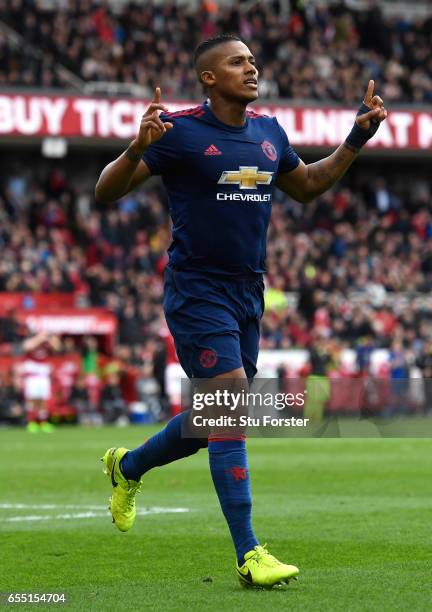 Antonio Valencia of Manchester United celebrates scoring his sides third goal during the Premier League match between Middlesbrough and Manchester...