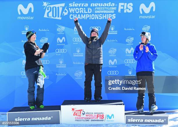 Silver medalist Emma Dahlstrom of Sweden, gold medalist Tess Ledeux of France and bronze medalist Isabel Atkin of Great Britain pose during the medal...