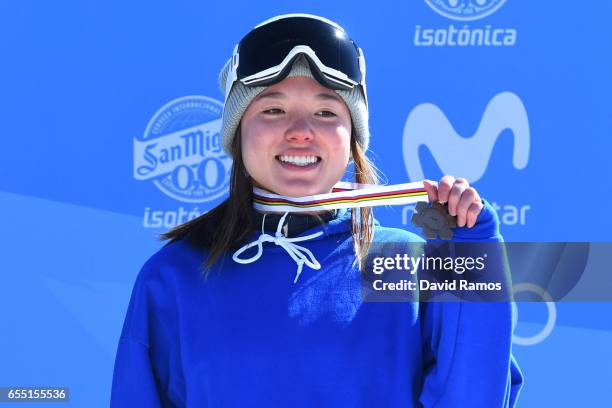 Bronze medalist Isabel Atkin of Great Britain poses during the medal cermony for the Women's Slopestyle final on day twelve of the FIS Freestyle Ski...