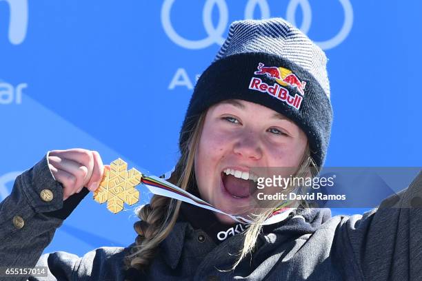 Gold medalist Tess Ledeux of France poses during the medal cermony for the Women's Slopestyle final on day twelve of the FIS Freestyle Ski &...