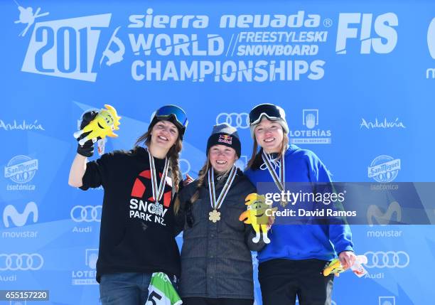 Silver medalist Emma Dahlstrom of Sweden, gold medalist Tess Ledeux of France and bronze medalist Isabel Atkin of Great Britain pose during the medal...