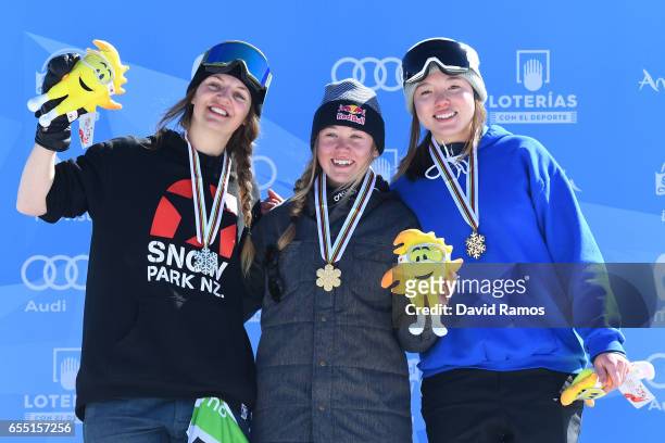 Silver medalist Emma Dahlstrom of Sweden, gold medalist Tess Ledeux of France and bronze medalist Isabel Atkin of Great Britain pose during the medal...