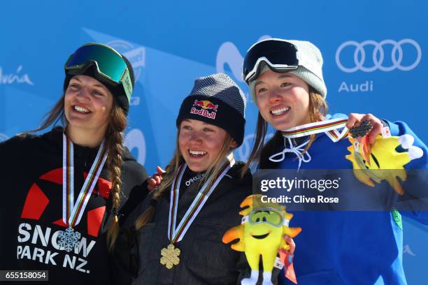 Silver medalist Emma Dahlstrom of Sweden, gold medalist Tess Ledeux of France and bronze medalist Isabel Atkin of Great Britain pose during the medal...