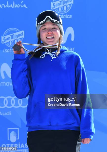 Bronze medalist Isabel Atkin of Great Britain poses during the medal cermony for the Women's Slopestyle final on day twelve of the FIS Freestyle Ski...