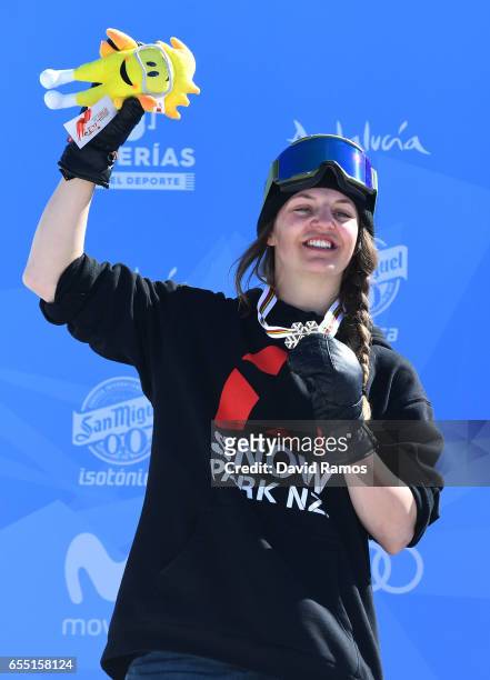 Silver medalist Emma Dahlstrom of Sweden poses during the medal cermony for the Women's Slopestyle final on day twelve of the FIS Freestyle Ski &...