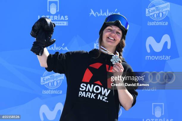 Silver medalist Emma Dahlstrom of Sweden poses during the medal cermony for the Women's Slopestyle final on day twelve of the FIS Freestyle Ski &...