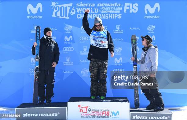 Silver medalist Gus Kenworthy of the United States, gold medalist Mcrae Williams of the United States and bronze medalist James Woods of Great...