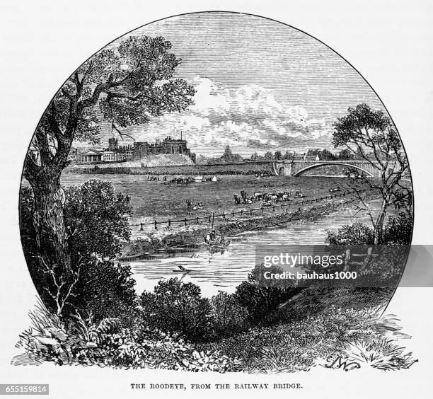 roodeye from the railway bridge, chester, england victorian engraving, 1840 - chester england stock illustrations