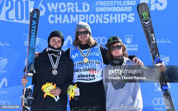 Silver medalist Gus Kenworthy of the United States, gold medalist Mcrae Williams of the United States and bronze medalist James Woods of Great...