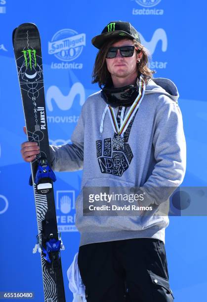 Bronze medalist James Woods of Great Britain poses during the medal cermony for the Men's Slopestyle final on day twelve of the FIS Freestyle Ski &...