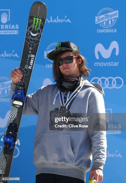 Bronze medalist James Woods of Great Britain poses during the medal cermony for the Men's Slopestyle final on day twelve of the FIS Freestyle Ski &...