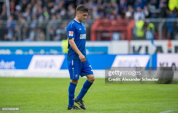 Marcel Mehlem of Karlsruhe reacts during the Second Bundesliga match between Karlsruher SC and Fortuna Duesseldorf at Wildparkstadion on March 19,...