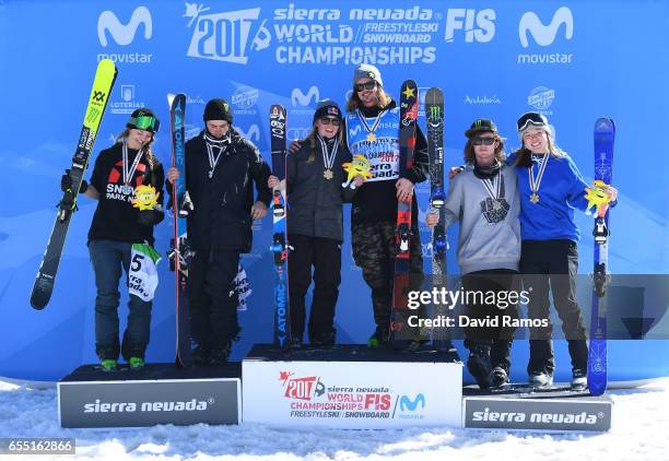 Silver medalists Emma Dahlstrom of Sweden and Gus Kenworthy of the United States, gold medalists Tess Ledeux of France and Mcrae Williams of the...