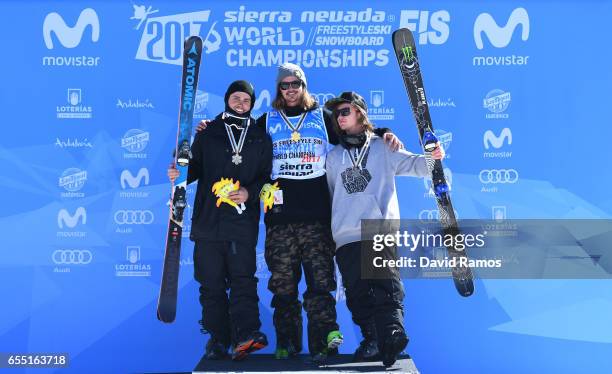 Silver medalist Gus Kenworthy of the United States, gold medalist Mcrae Williams of the United States and bronze medalist James Woods of Great...