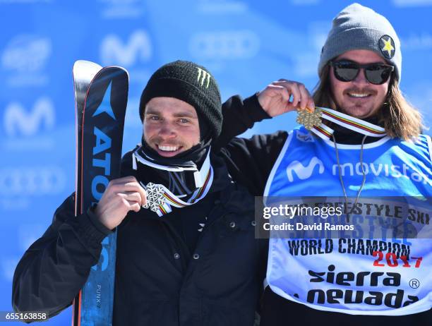 Silver medalist Gus Kenworthy of the United States and gold medalist Mcrae Williams of the United States pose during the medal cermony for the Men's...
