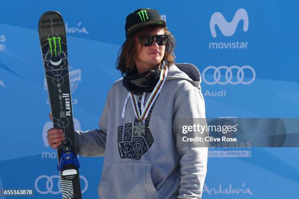 Bronze medalist James Woods of Great Britain poses during the medal cermony for the Men's Slopestyle final on day twelve of the FIS Freestyle Ski &...