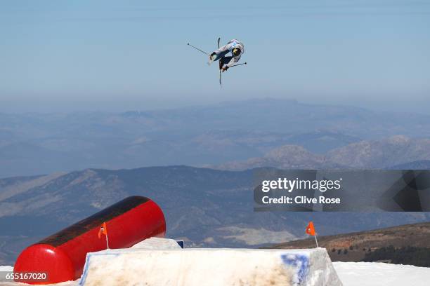 An athlete competes in the Men's Slopestyle final during day twelve of the FIS Freestyle Ski & Snowboard World Championships 2017 on March 19, 2017...