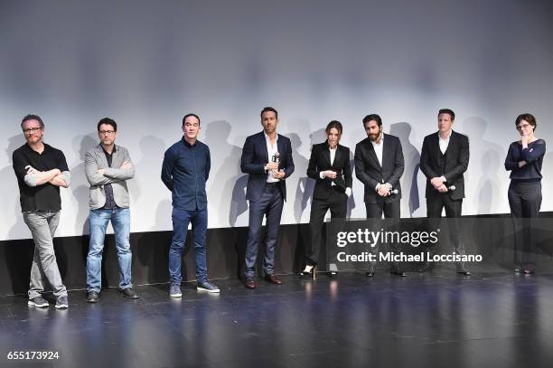 Writers Paul Wernick and Rhett Reese, Director Daniel Espinosa, actors Ryan Reynolds, Rebecca Ferguson and Jake Gyllenhaal, and producers David...