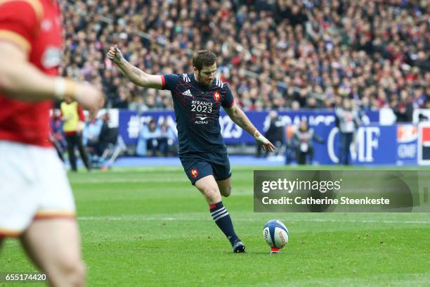 Camille Lopez of France kicks the ball during the RBS Six Nations match between France and Wales at Stade de France on March 18, 2017 in Paris,...