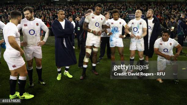 England players look dejected after their defeat during the RBS Six Nations match between Ireland and England at the Aviva Stadium on March 18, 2017...