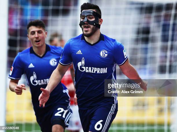 Sead Kolasinac of Schalke 04 celebrates after scoring a goal during the Bundesliga match between 1. FSV Mainz 05 and FC Schalke 04 at Opel Arena on...